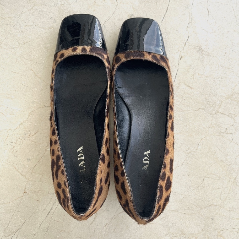 PRADA LEOPARD PRINT PONNY HAIR LEATHER AND PATENT SZ 8